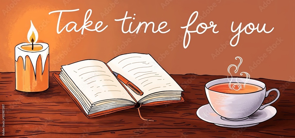 A cozy illustration of a candle, journal, and cup of tea with the text “Take Time for You.”