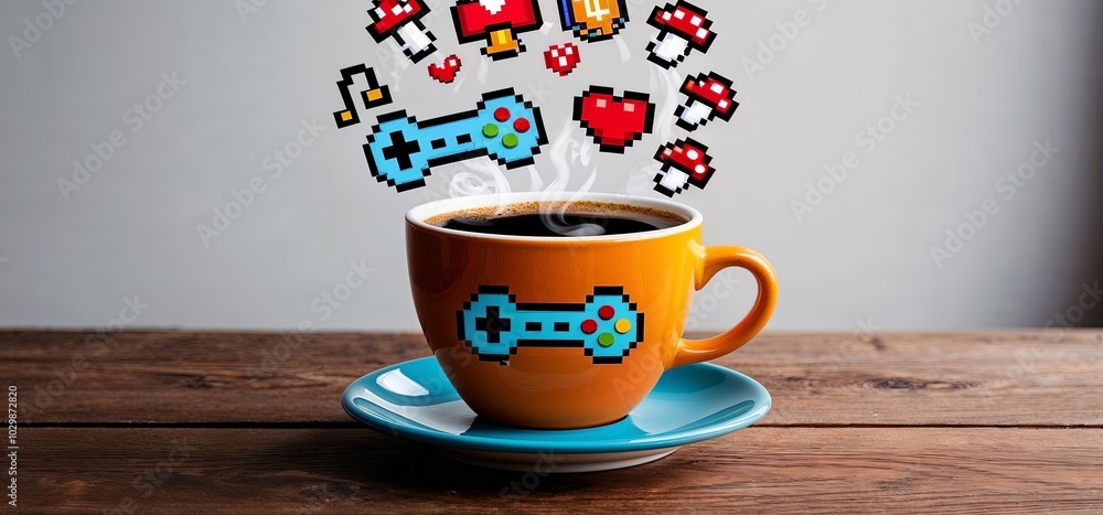 A coffee cup with a pixel-art steam cloud forming into game controllers or items from iconic games.