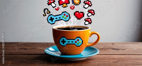 Obraz na płótnie A coffee cup with a pixel-art steam cloud forming into game controllers or items from iconic games. w salonie