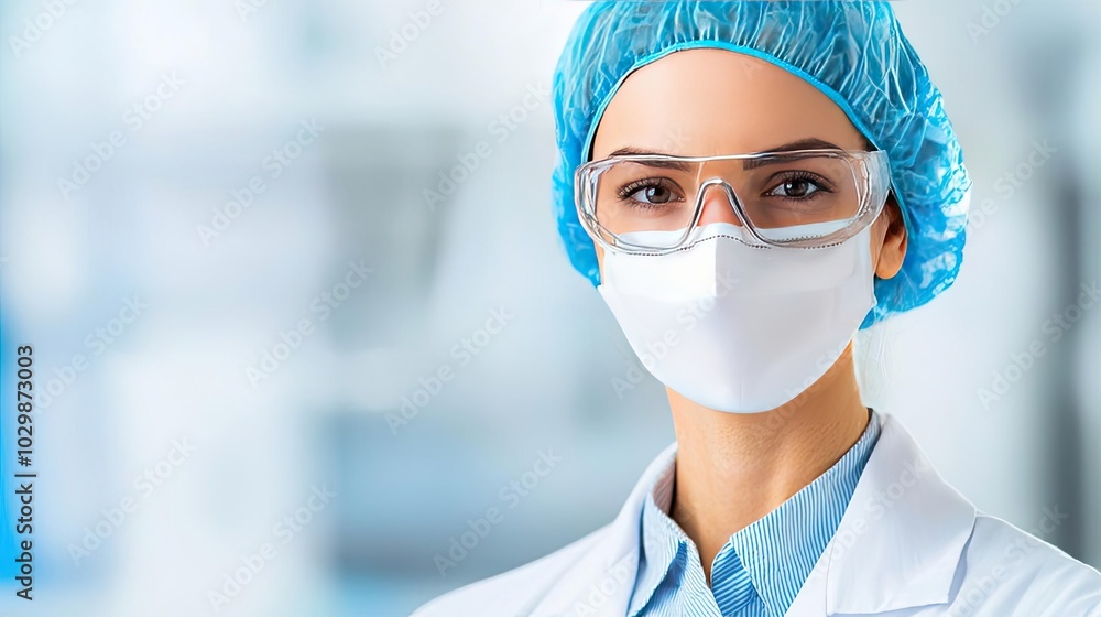 Medical professional wearing mask and glasses, portrait with a sterile background. Medical professional wearing mask and glasses, portrait with a sterile background.