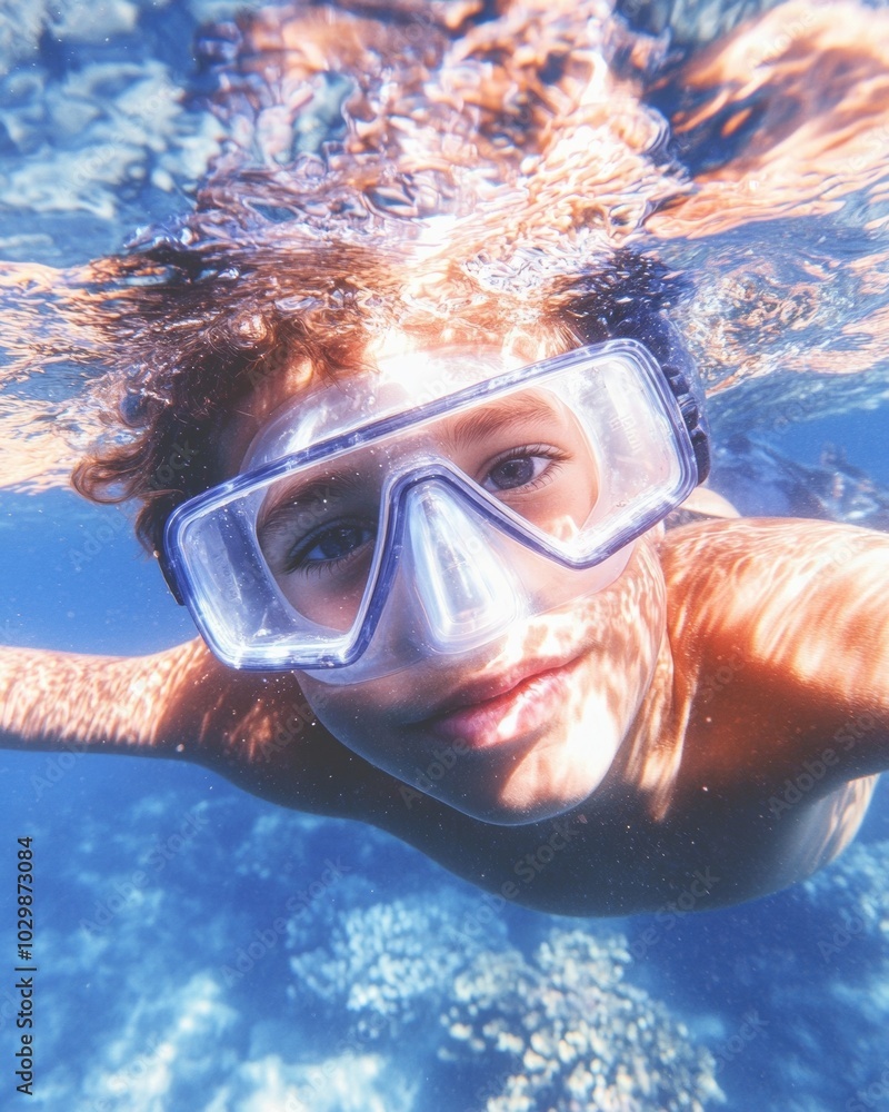 Fototapeta premium Joyful Latino Boy Snorkeling Amidst Vibrant Coral Reef in Clear Blue Waters