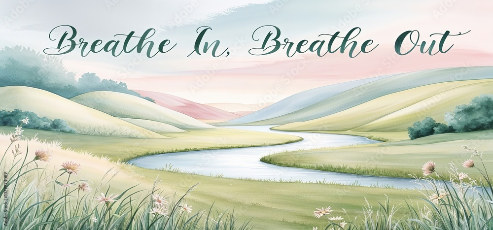 A serene landscape with flowing water colour elements and the words “Breathe In, Breathe Out.”