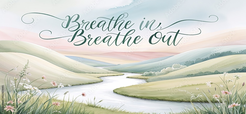A serene landscape with flowing water colour elements and the words “Breathe In, Breathe Out.”