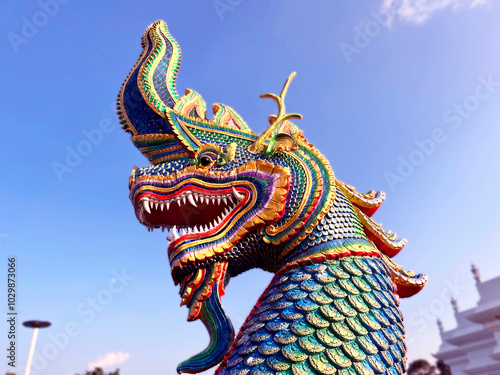 Wallpaper Mural Naga King with Buddha Statue Beautiful Naga Statue, chinese dragon statue in temple, Thai dragon or serpent king statue Torontodigital.ca