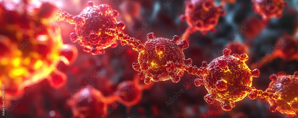 Close-up view of virus particles, vibrant colors against a dark background. Close-up view of virus particles, vibrant colors against a dark background.