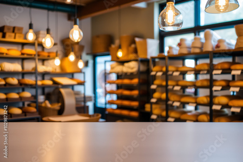 Cozy Bakery Counter with Blurred Shelves of Bread and Pastries.generative AI