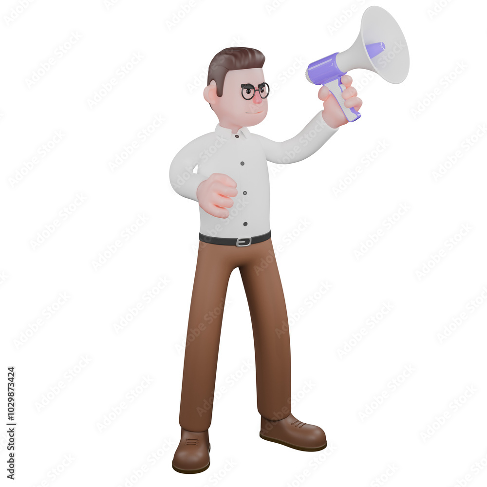 Male Community Organizer Sociologist 3D. A male sociologist stands holding a loudspeaker in his left hand and clenching his right fist. Professional Illustration Male Community Organizer Sociologist 3D. A male sociologist stands holding a loudspeaker in his left hand and clenching his right fist. Professional Illustration