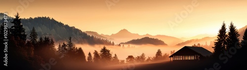 A serene sunrise over misty mountains with a rustic cabin in foreground.