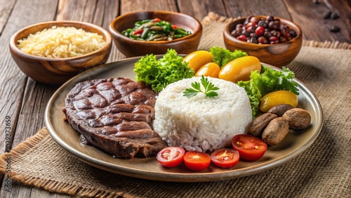 Traditional Brazilian lunch plate with rice, beans, and beef steak