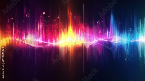 Abstract colorful sound wave with musical notes on a black background.