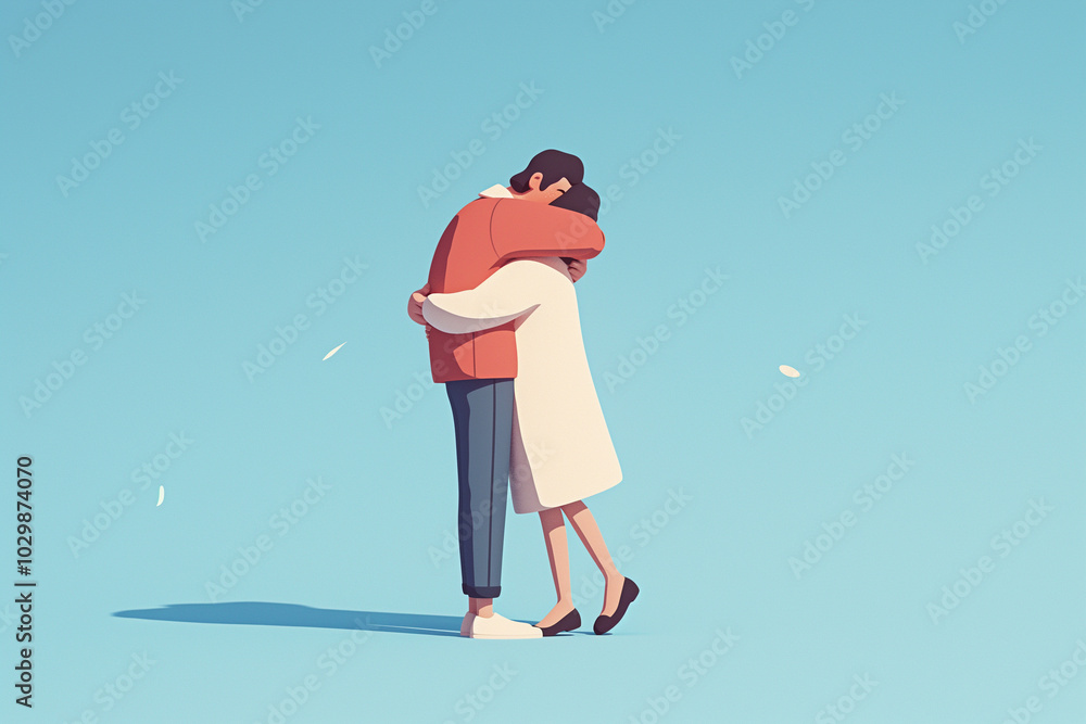 Two people embracing against a clear blue sky Two people embracing against a clear blue sky