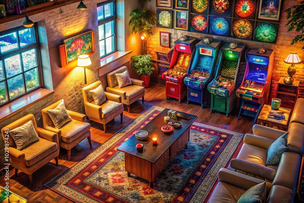 Cozy Retro Arcade Room with Classic Game Cabinets and Vintage Decor in Warm Lighting for Nostalgic Gaming Experience Cozy Retro Arcade Room with Classic Game Cabinets and Vintage Decor in Warm Lighting for Nostalgic Gaming Experience