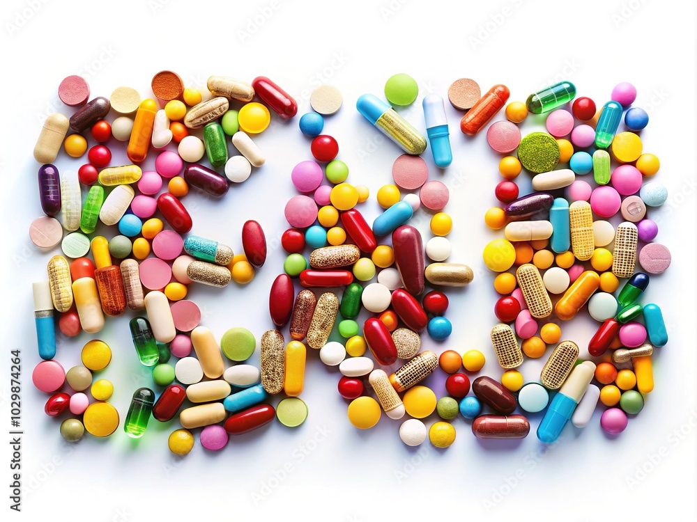 Creative Arrangement of Pills and Capsules Forming the Word Creative Arrangement of Pills and Capsules Forming the Word