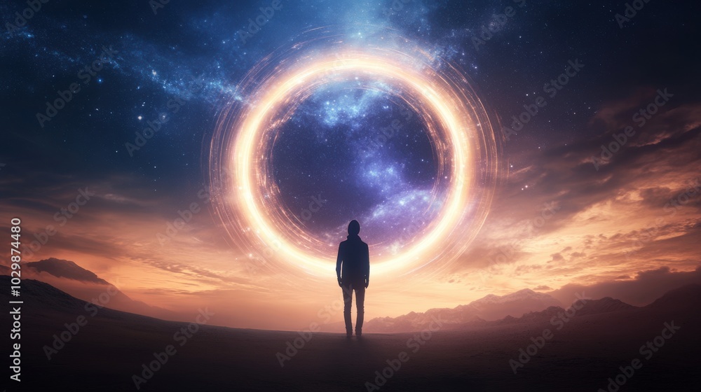 A figure stands before a cosmic portal, surrounded by vibrant colors and a starry backdrop, evoking a sense of wonder and exploration. A figure stands before a cosmic portal, surrounded by vibrant colors and a starry backdrop, evoking a sense of wonder and exploration.