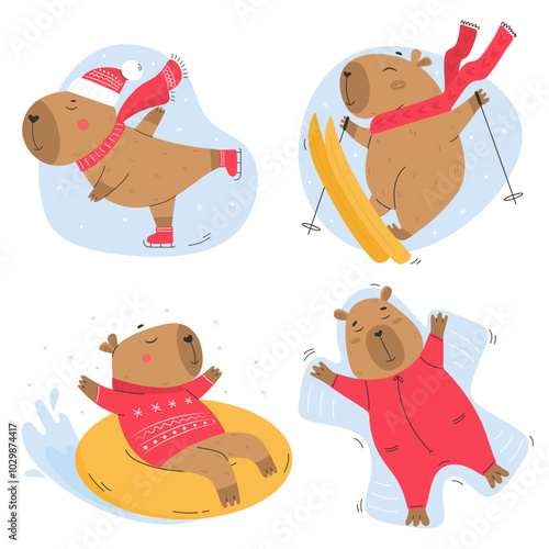 Funny capybaras set in winter activity