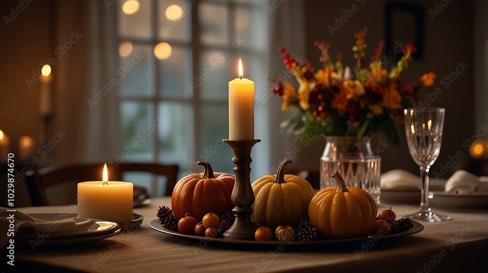 Cozy Thanksgiving Table Setting With Candles and Autumn Decor Cozy Thanksgiving Table Setting With Candles and Autumn Decor