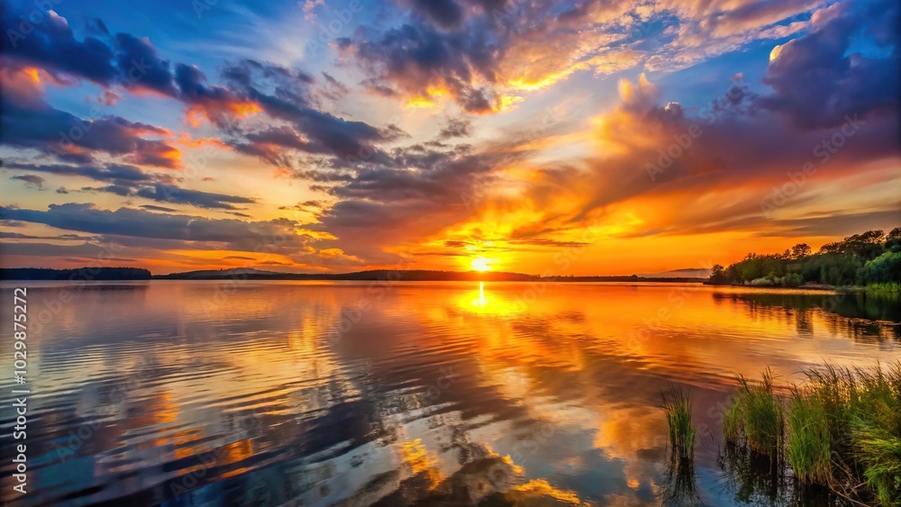 Tragic sunset over lake with beautiful colors Tragic sunset over lake with beautiful colors