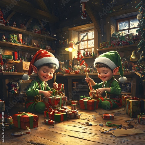 Cheerful elves working in Santa’s workshop