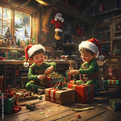 Cheerful elves working in Santa’s workshop