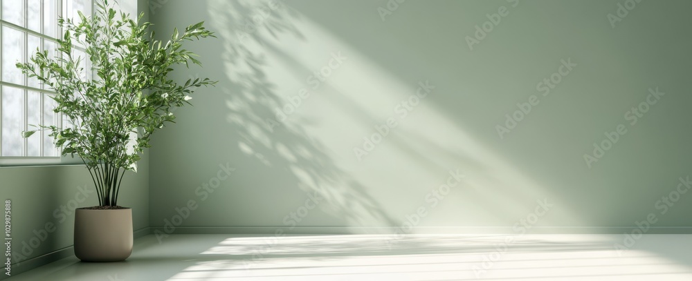 A serene indoor space featuring a potted plant with gentle sunlight casting soft shadows on a minimalist wall. A serene indoor space featuring a potted plant with gentle sunlight casting soft shadows on a minimalist wall.
