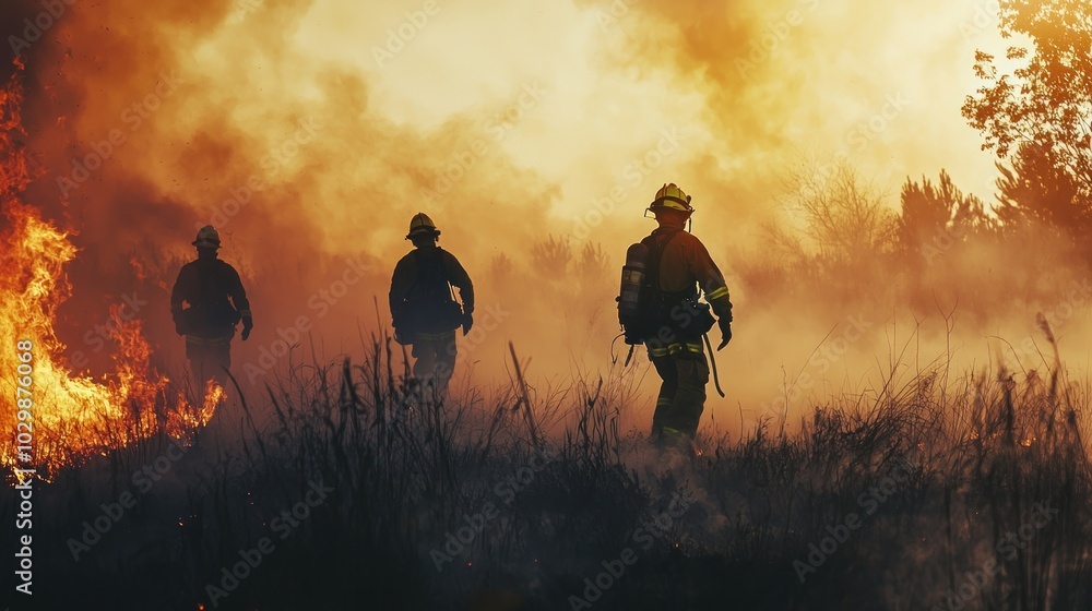 Fototapeta premium Firefighters battling wildfires during a natural disaster event.
