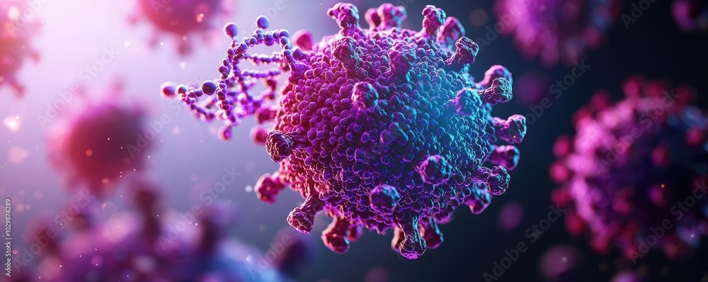 Close-up of a colorful virus structure on a dark background. Close-up of a colorful virus structure on a dark background.