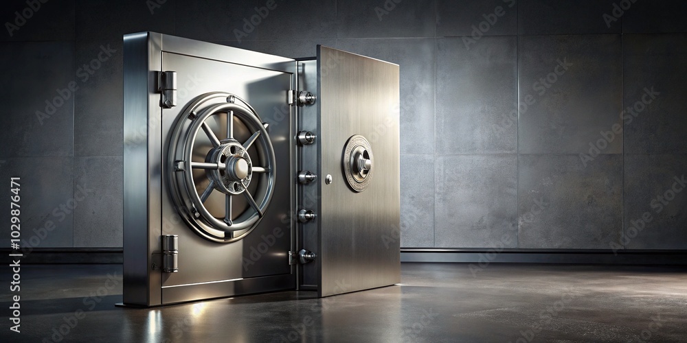 Fashion Photography of a Metal Safe with Vault Door on a Grey Background, Highlighting Security and Style in a Modern Aesthetic Fashion Photography of a Metal Safe with Vault Door on a Grey Background, Highlighting Security and Style in a Modern Aesthetic