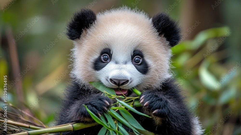 A cute baby panda with big eyes is eating bamboo shoots in a lush green forest. A cute baby panda with big eyes is eating bamboo shoots in a lush green forest.