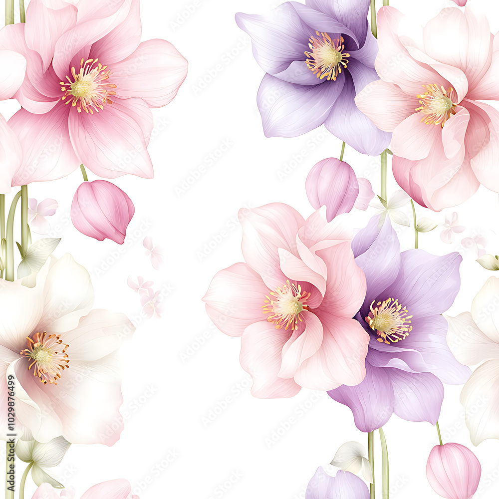 Delicate watercolor columbines in soft pinks and purples create serene and elegant floral pattern, perfect for adding touch of beauty to any design Delicate watercolor columbines in soft pinks and purples create serene and elegant floral pattern, perfect for adding touch of beauty to any design