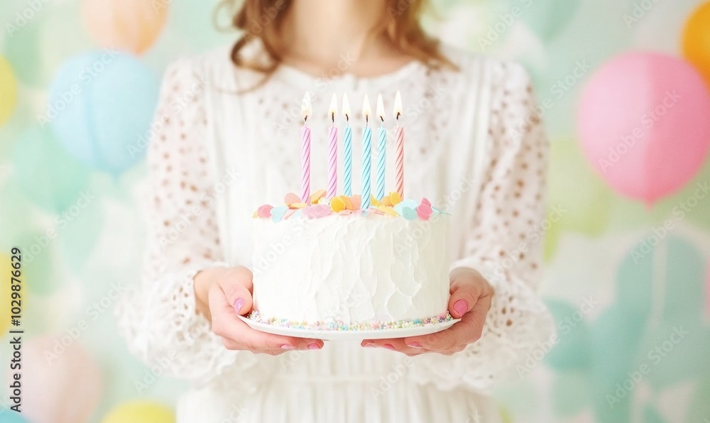 Minimalistic Birthday Celebration with Trendy Woman Holding Pastel Themed Cake in Soft Ambience Minimalistic Birthday Celebration with Trendy Woman Holding Pastel Themed Cake in Soft Ambience