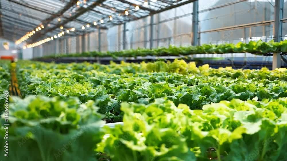 A panoramic view inside a smart greenhouse with rows of leafy greens under automated LED lights that adjust based on plant growth stages A panoramic view inside a smart greenhouse with rows of leafy greens under automated LED lights that adjust based on plant growth stages