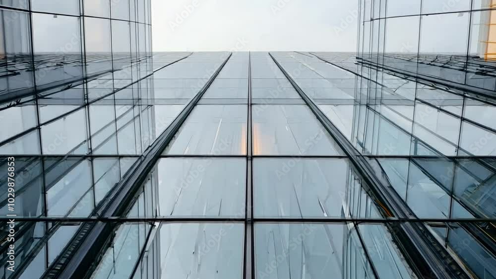 A modern office building seen from below, with overlapping layers of glass and steel that play with the concept of spatial dimensions A modern office building seen from below, with overlapping layers of glass and steel that play with the concept of spatial dimensions