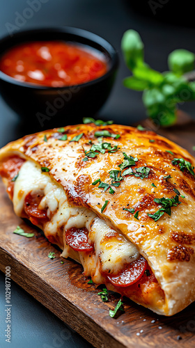 Delicious pepperoni calzone with marinara sauce