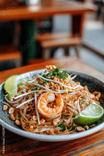 Delicious shrimp pad thai in a bowl. photo