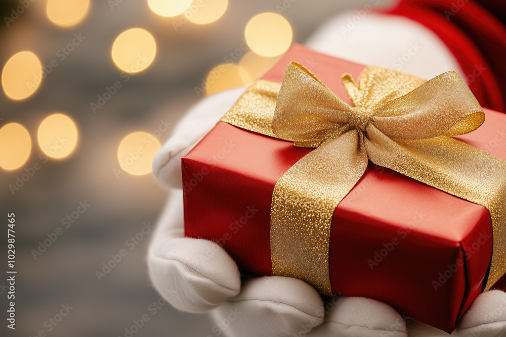 Festive Close-Up of Santa's Hand Presenting a Wrapped Gift with Glimmering Red and Gold Paper and a Neatly Tied Golden Ribbon in a Warm Christmas Glow Festive Close-Up of Santa's Hand Presenting a Wrapped Gift with Glimmering Red and Gold Paper and a Neatly Tied Golden Ribbon in a Warm Christmas Glow