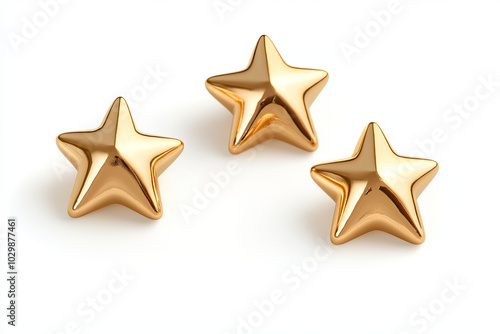 Three golden stars on a white background. 3D illustration