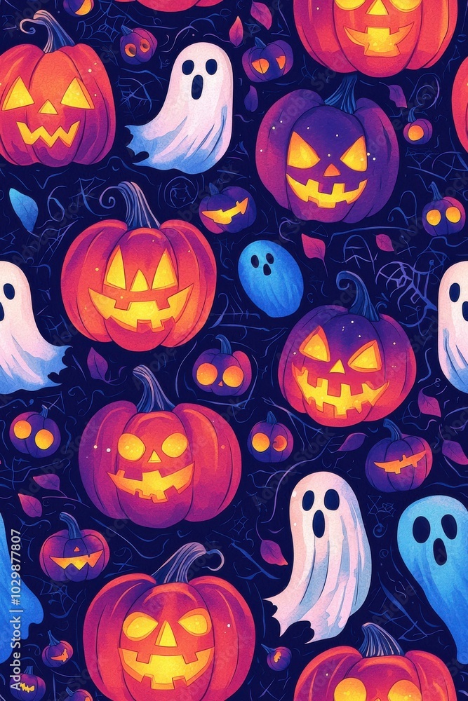Obraz premium Colorful Halloween pattern with pumpkins and ghosts.