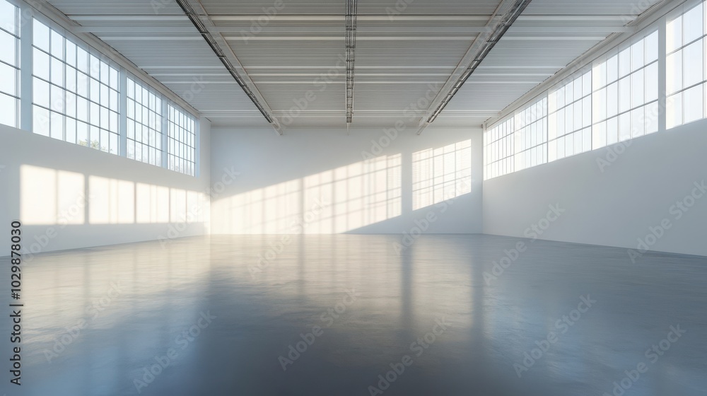Spacious interior with large windows, natural light casting shadows on a polished floor, ideal for creative projects or events. Spacious interior with large windows, natural light casting shadows on a polished floor, ideal for creative projects or events.
