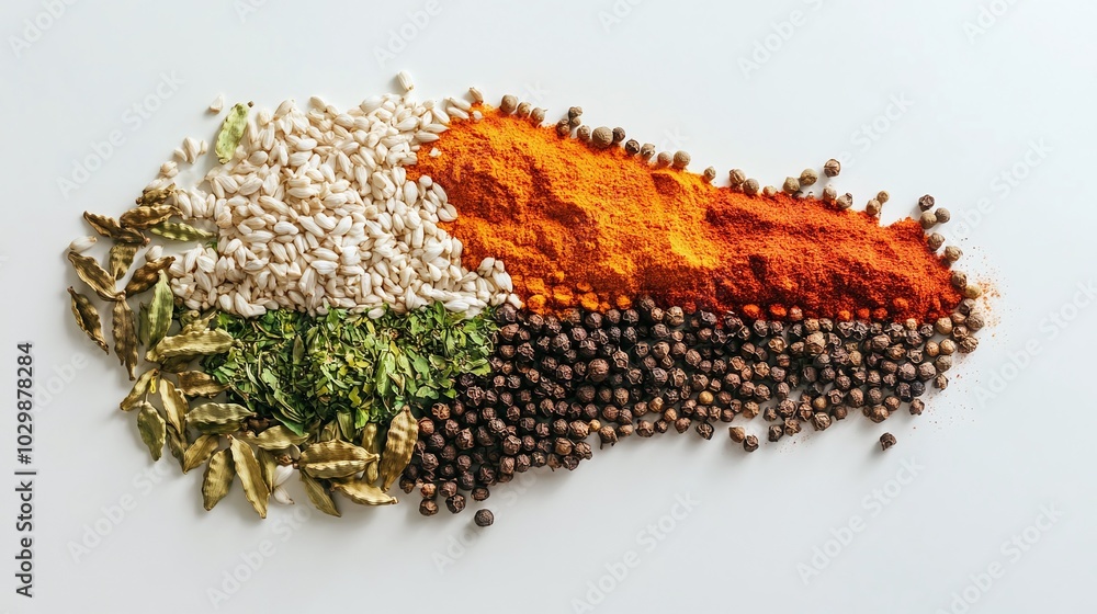 An artistic composition of Indian spices forming the shape of the Indian subcontinent on a white background An artistic composition of Indian spices forming the shape of the Indian subcontinent on a white background