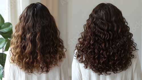 Detailed transformation of second-day curls, from flat and frizzy before honey treatment to soft, defined, and shiny curls post-application