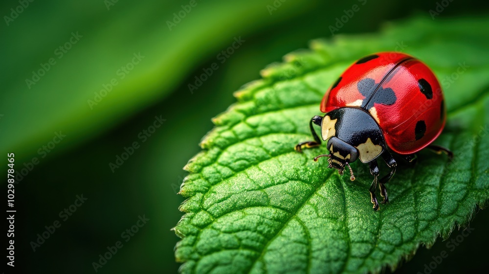 A ladybug with black spots on its red shell sits on a green leaf with a blurred background. A ladybug with black spots on its red shell sits on a green leaf with a blurred background.
