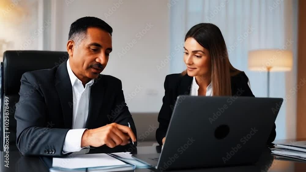 Lawyer or real estate agent make consultation for client. Mature Latin business man and European business woman discussing project on laptop sitting at table in office. Business people work together.
Lawyer or real estate agent make consultation for client. Mature Latin business man and European business woman discussing project on laptop sitting at table in office. Business people work together.