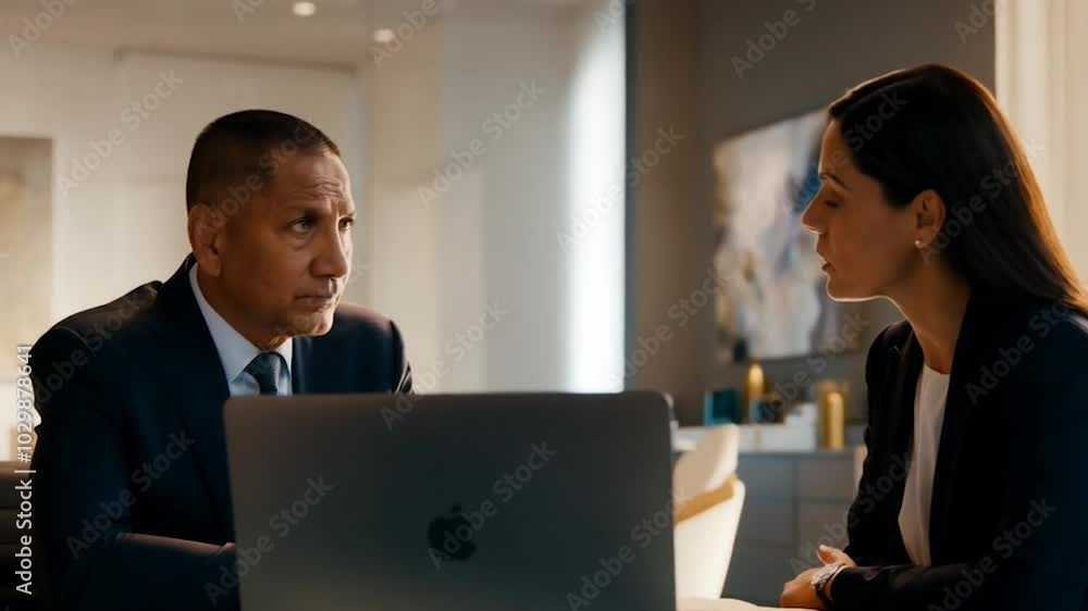 Lawyer or real estate agent make consultation for client. Mature Latin business man and European business woman discussing project on laptop sitting at table in office. Business people work together.
Lawyer or real estate agent make consultation for client. Mature Latin business man and European business woman discussing project on laptop sitting at table in office. Business people work together.
