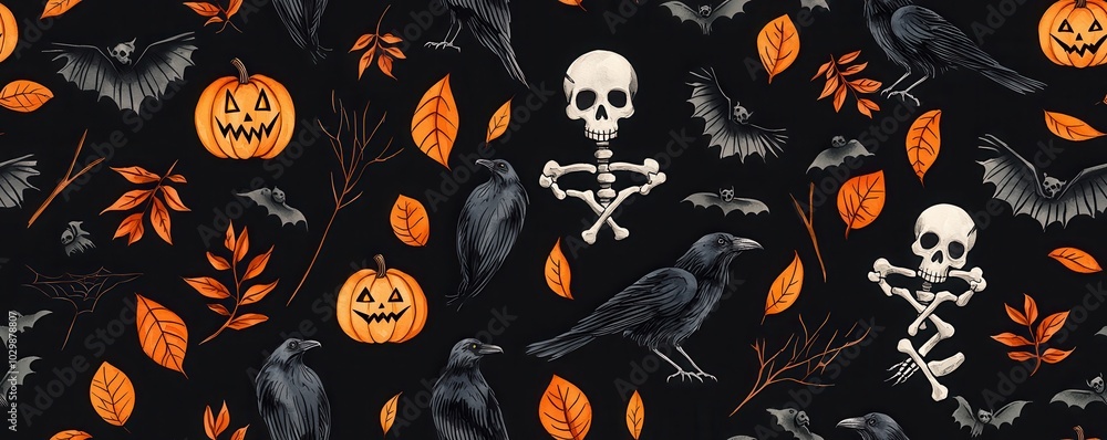 Halloween themed pattern with skulls, bats, and pumpkins. Halloween themed pattern with skulls, bats, and pumpkins.