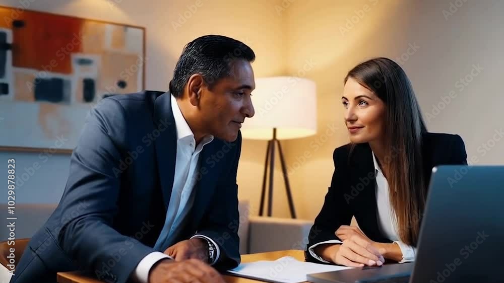 Lawyer or real estate agent make consultation for client. Mature Latin business man and European business woman discussing project on laptop sitting at table in office. Business people work together.
Lawyer or real estate agent make consultation for client. Mature Latin business man and European business woman discussing project on laptop sitting at table in office. Business people work together.