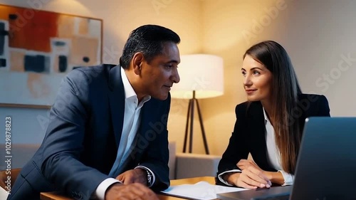 Wallpaper Mural Lawyer or real estate agent make consultation for client. Mature Latin business man and European business woman discussing project on laptop sitting at table in office. Business people work together.
 Torontodigital.ca