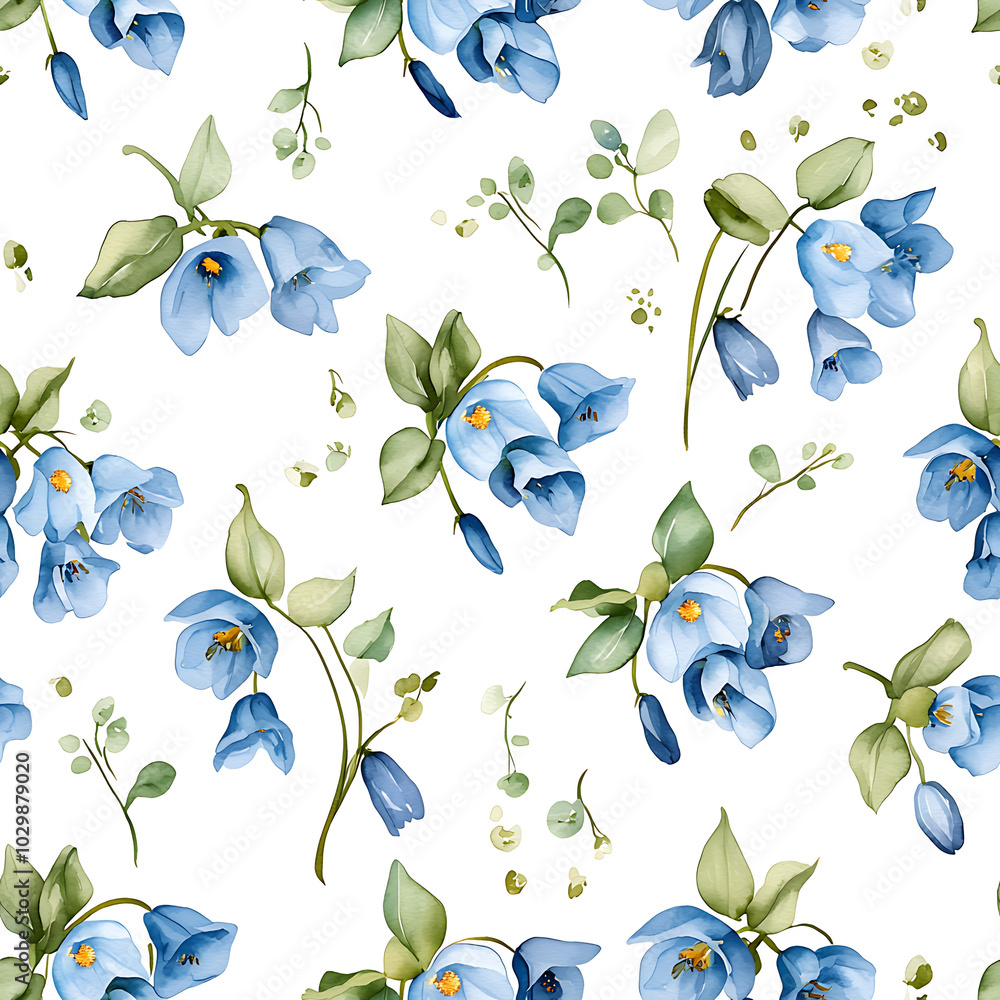 beautiful pattern featuring delicate blue flowers and soft green leaves, creating serene and calming atmosphere. watercolor style enhances elegance of floral design beautiful pattern featuring delicate blue flowers and soft green leaves, creating serene and calming atmosphere. watercolor style enhances elegance of floral design