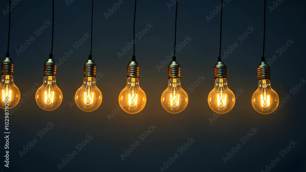 Seven light bulbs hang from the ceiling, glowing brightly against a dark background Seven light bulbs hang from the ceiling, glowing brightly against a dark background
