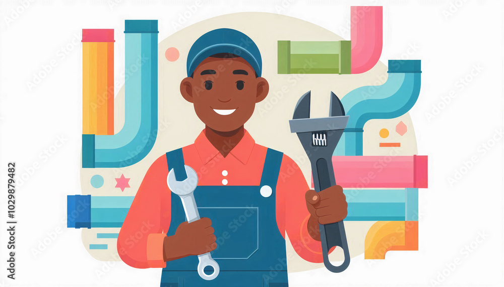 A smiling plumber holding tools, set against a colorful background of pipes and plumbing fixtures, in a cartoon-style illustration symbolizing repair and maintenance A smiling plumber holding tools, set against a colorful background of pipes and plumbing fixtures, in a cartoon-style illustration symbolizing repair and maintenance