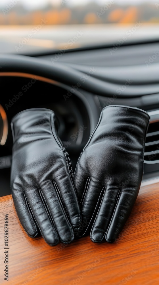 A pair of luxury leather gloves resting on a wooden car dashboard, with a blurred background showing the open road and steering wheel Soft light reflects off the polished leather A pair of luxury leather gloves resting on a wooden car dashboard, with a blurred background showing the open road and steering wheel Soft light reflects off the polished leather